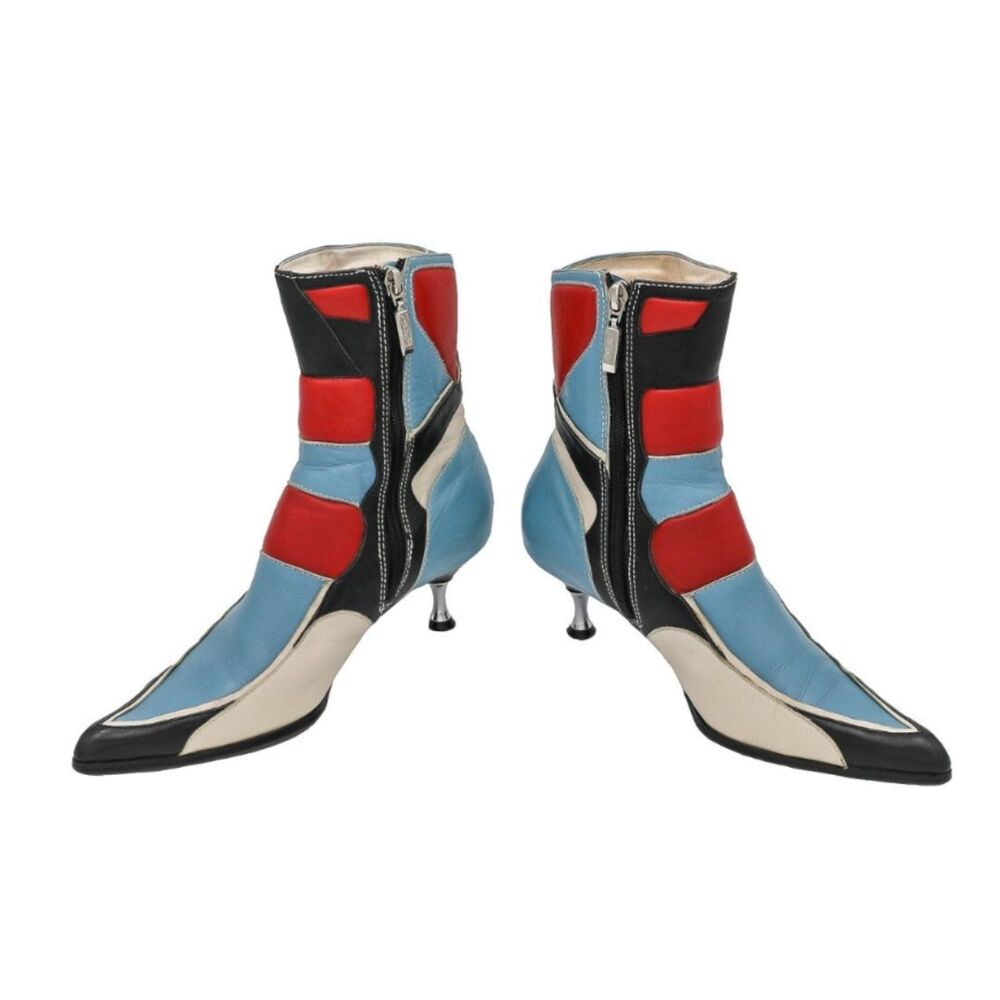 Leather Color Block Kitten Heel Ankle Boots Zip Pointed Toe Y2K Rare Size 37